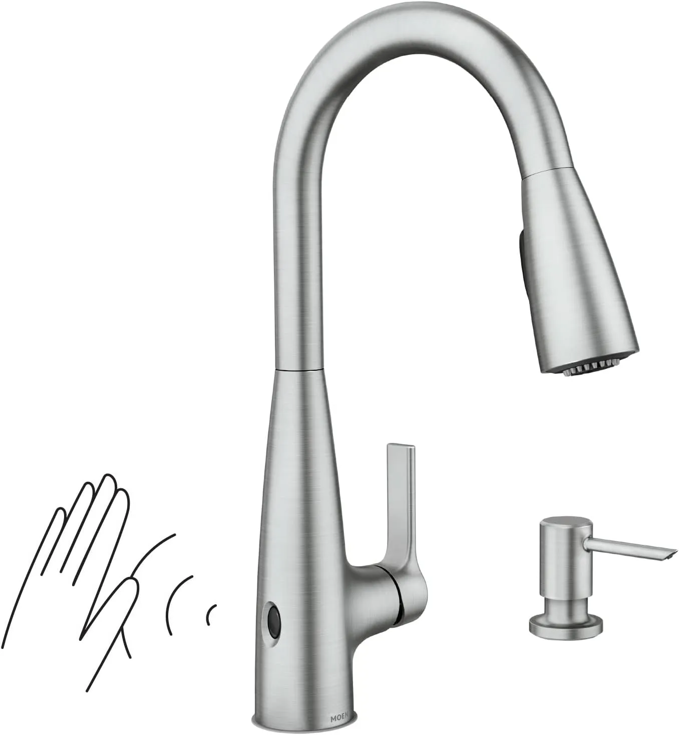 Moen Haelyn Spot Resist Stainless Touchless Single-Handle Pulldown Sprayer Kitchen Faucet with Soap Dispenser, Features Power Clean for a Faster Wash, 87627EWSRS