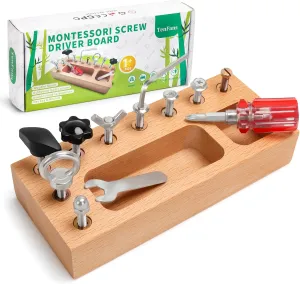 Montessori Busy Board for Toddlers 1-3 Years, Wooden Screwdriver Activity Board, Fine Motor Skills & Sensory Development Toy, Preschool Learning & Travel​​