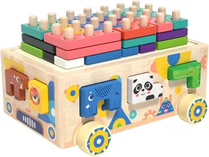 Montessori Wooden Animal Shape & Sorter Toys for Toddlers 1-3 Years, Educational Block Preschool Puzzles, Wooden Sensory Truck Learning Toys for Boys and Girls,Travel Gifts for 18M  Kids