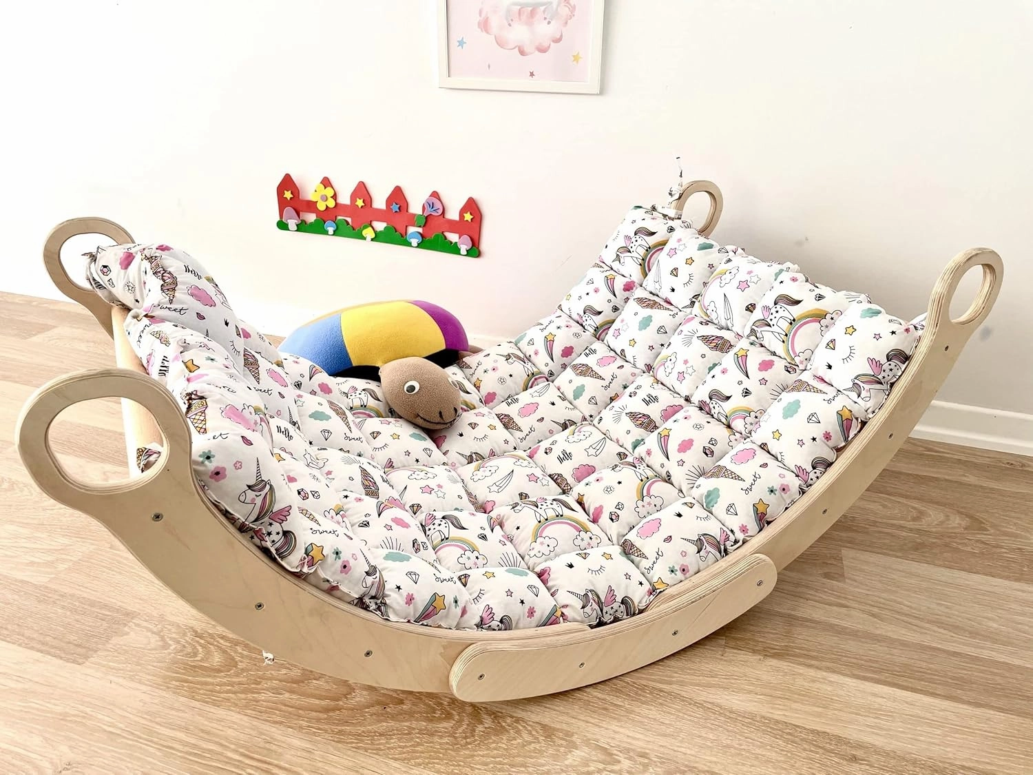 Montessori 2 Pieces Set Arch and Pillow-Wooden Climbing Arch Cushion Pikler Triangle Set Kids Climbing Arch Rocker Pillow Climber Toddler Rocker Kid Toy Wooden Waldorf Pickler