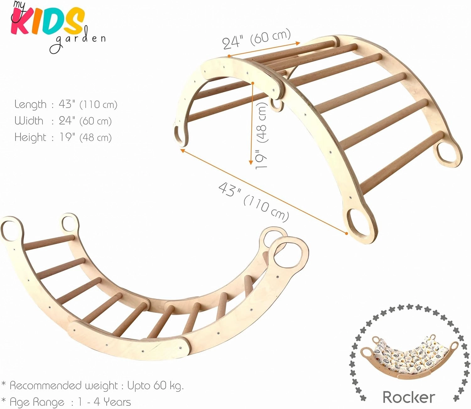 Montessori 2 Pieces Set Arch and Pillow-Wooden Climbing Arch Cushion Pikler Triangle Set Kids Climbing Arch Rocker Pillow Climber Toddler Rocker Kid Toy Wooden Waldorf Pickler