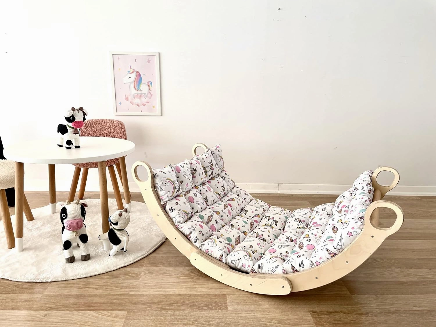 Montessori 2 Pieces Set Arch and Pillow-Wooden Climbing Arch Cushion Pikler Triangle Set Kids Climbing Arch Rocker Pillow Climber Toddler Rocker Kid Toy Wooden Waldorf Pickler