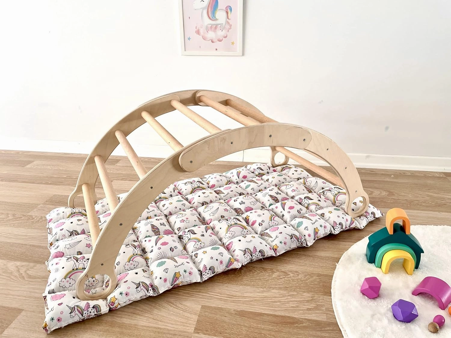 Montessori 2 Pieces Set Arch and Pillow-Wooden Climbing Arch Cushion Pikler Triangle Set Kids Climbing Arch Rocker Pillow Climber Toddler Rocker Kid Toy Wooden Waldorf Pickler