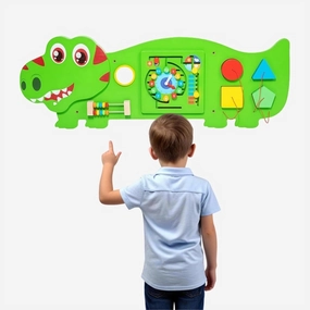 Montessori Busy Board Wall Panel, Wooden, Tyrannosaurus Rex Sensory Activities - Maze, Gears, Xylophone, Shapes, Animals, Dinosaur Design, 36 inches（Green）