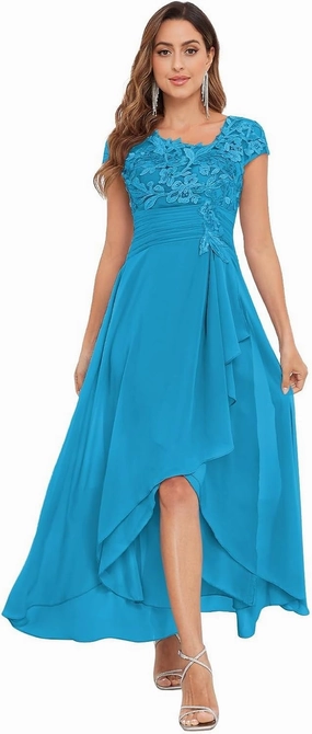 Mother of The Bride Dresses Chiffon Short Sleeve with Tea Length A-line Lace Applique Formal Evening Gown