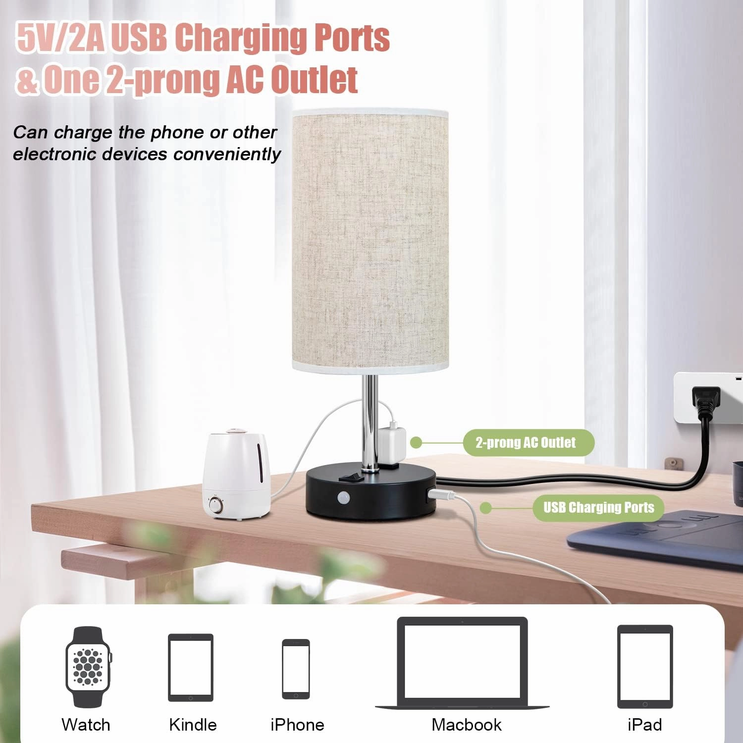 Motion Sensor Lamp, USB Lamp Include Warm White Bulb, Built in USB Port & AC Outlet, Bedside Lamp Idea for Bedroom Retro Cream