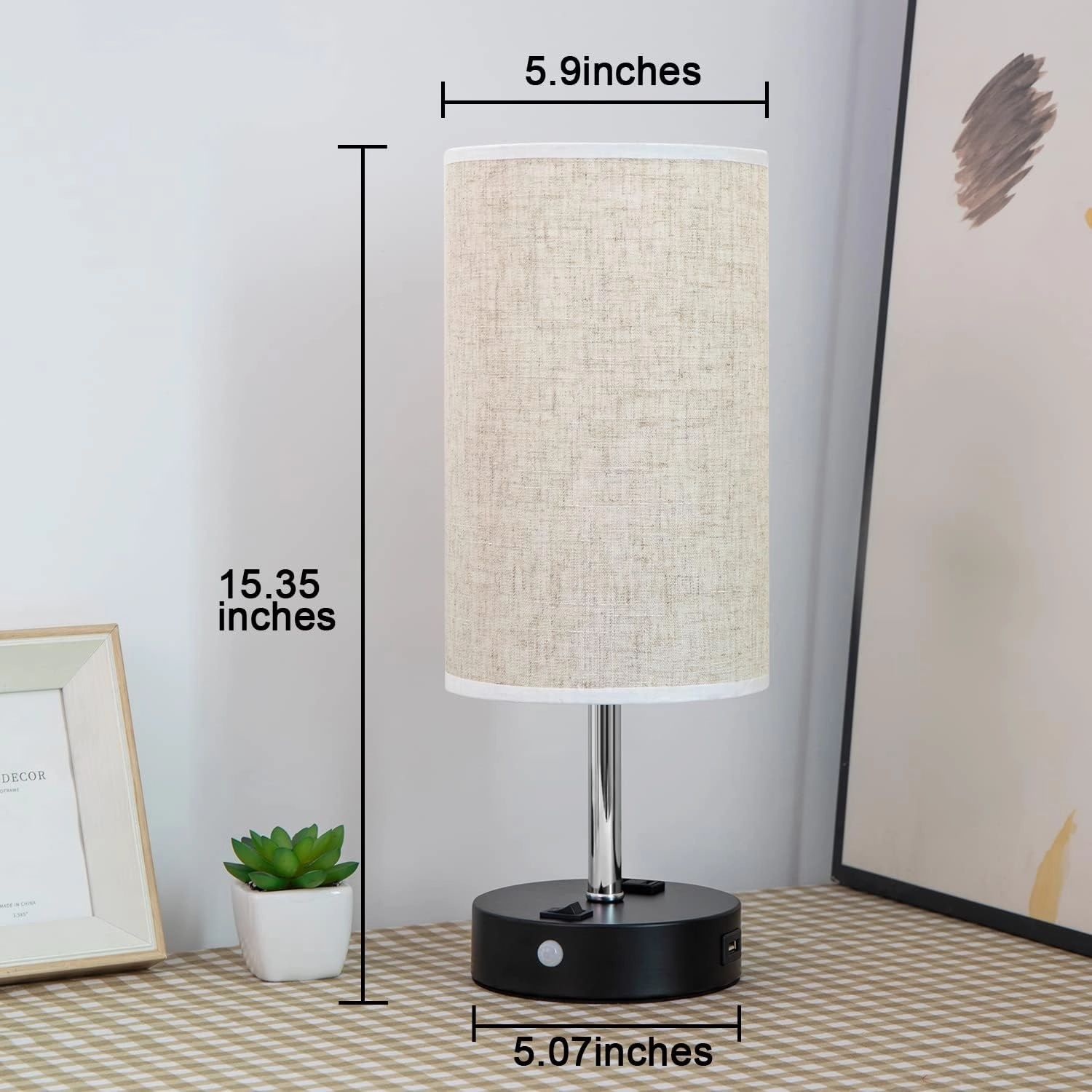 Motion Sensor Lamp, USB Lamp Include Warm White Bulb, Built in USB Port & AC Outlet, Bedside Lamp Idea for Bedroom Retro Cream