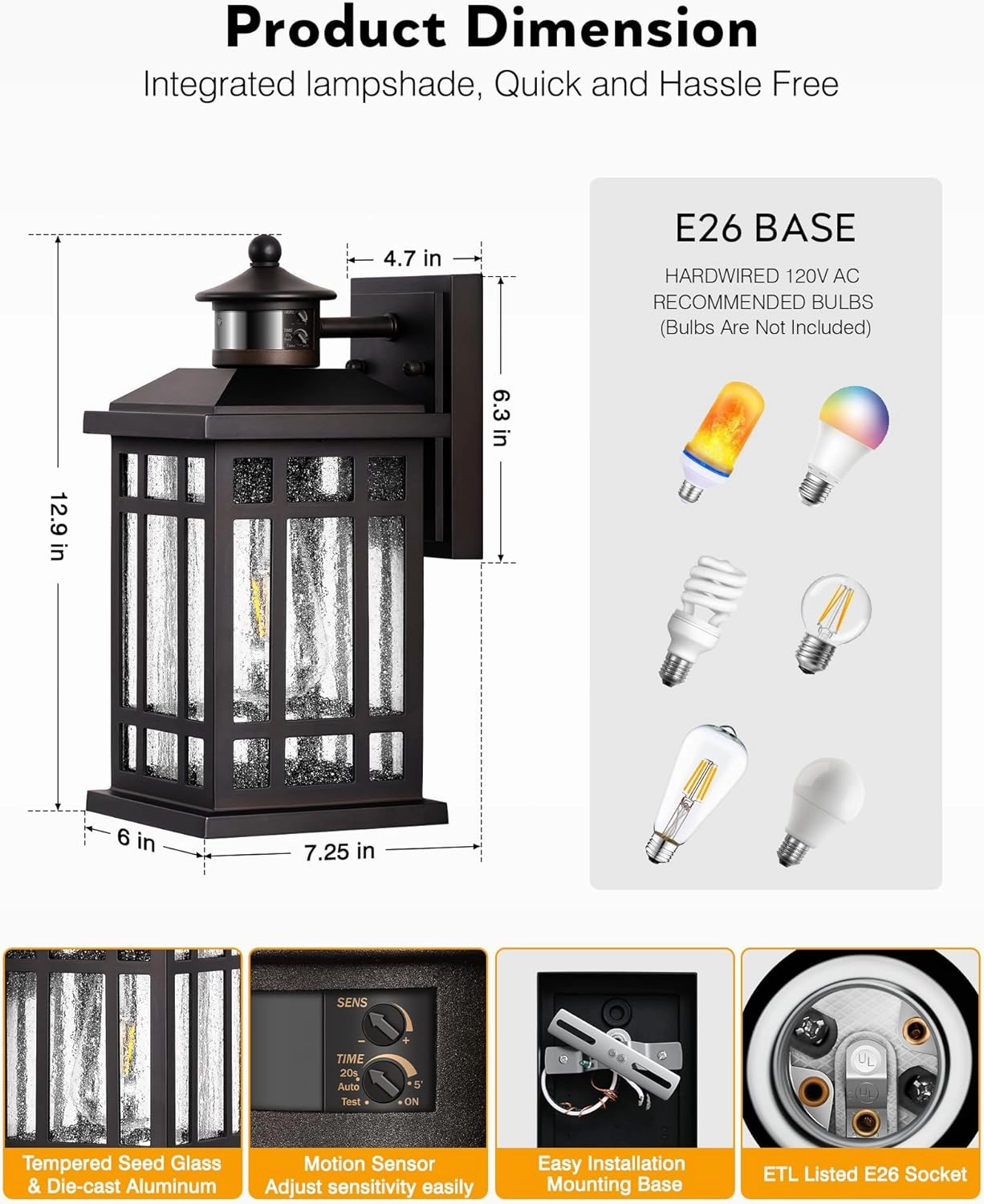 Motion Sensor Outdoor Wall Light, Oil Rubbed Bronze Dawn to Dusk Outdoor Light Fixture, Aluminium Anti-Rust Porch Lights Wall Mount, Outside Lights for House Garage Patio Entry Front Door