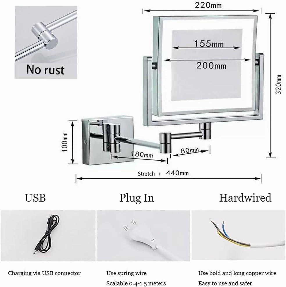 Mounted Lighted Makeup Mirror, 1X/3X LED Lighted Magnifying Mirror, 360° Rotation Double-Sided Extension Foldable Arm Rechargeable Makeup MirrorBlack,USB