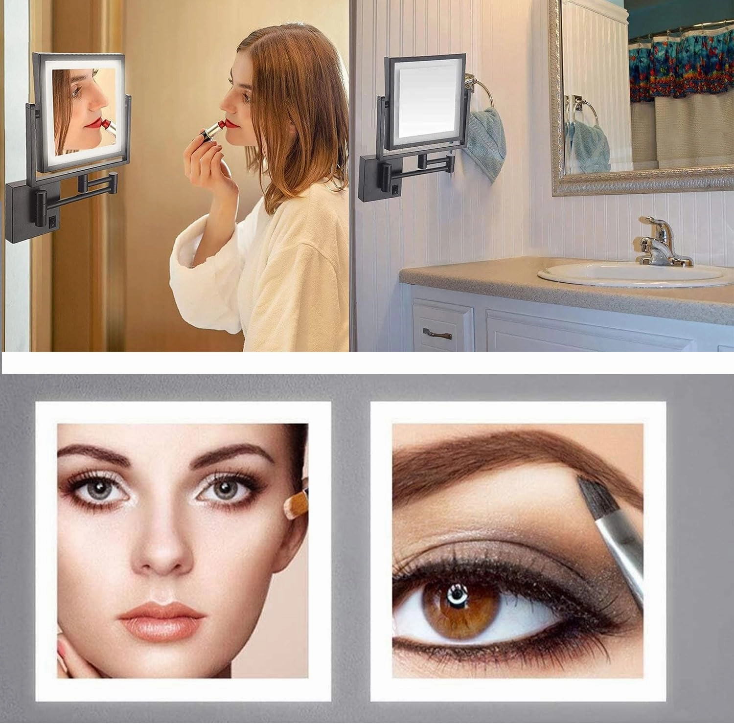Mounted Lighted Makeup Mirror, 1X/3X LED Lighted Magnifying Mirror, 360° Rotation Double-Sided Extension Foldable Arm Rechargeable Makeup MirrorBlack,USB