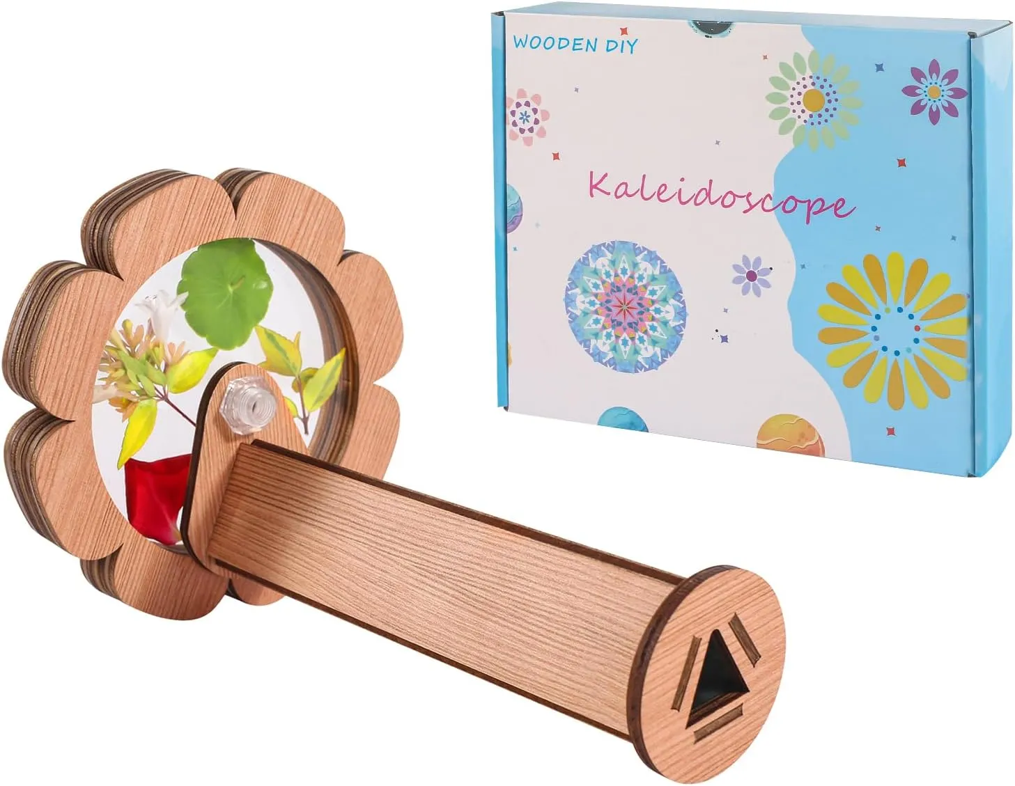 Natural DIY Kaleidoscope Kit, New Wooden Magic Rotating Kaleidoscope Making Set for Nature Lovers, Best Gift, Outdoor Classic Handmade Education Toys for Kids (1 Pcs Flower)