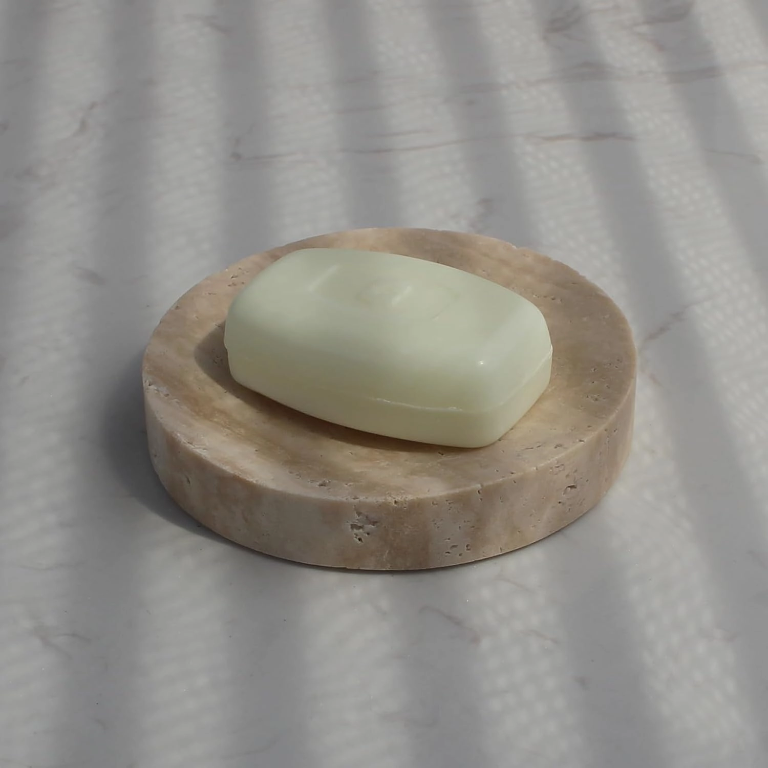 Natural Beige Travertine Soap Dish, Round Small Jewelry Dish, Sponge Holder for Bathroom, Kitchen