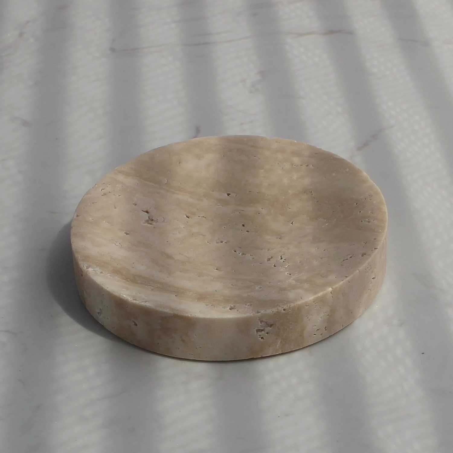 Natural Beige Travertine Soap Dish, Round Small Jewelry Dish, Sponge Holder for Bathroom, Kitchen
