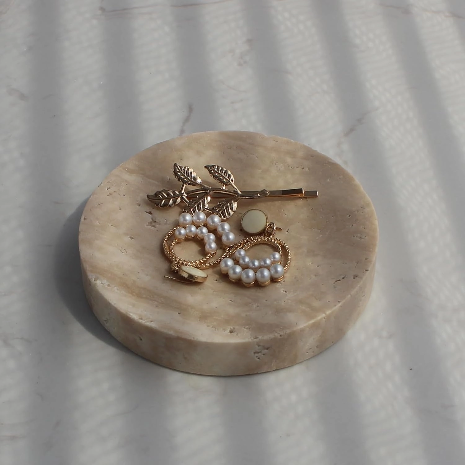 Natural Beige Travertine Soap Dish, Round Small Jewelry Dish, Sponge Holder for Bathroom, Kitchen