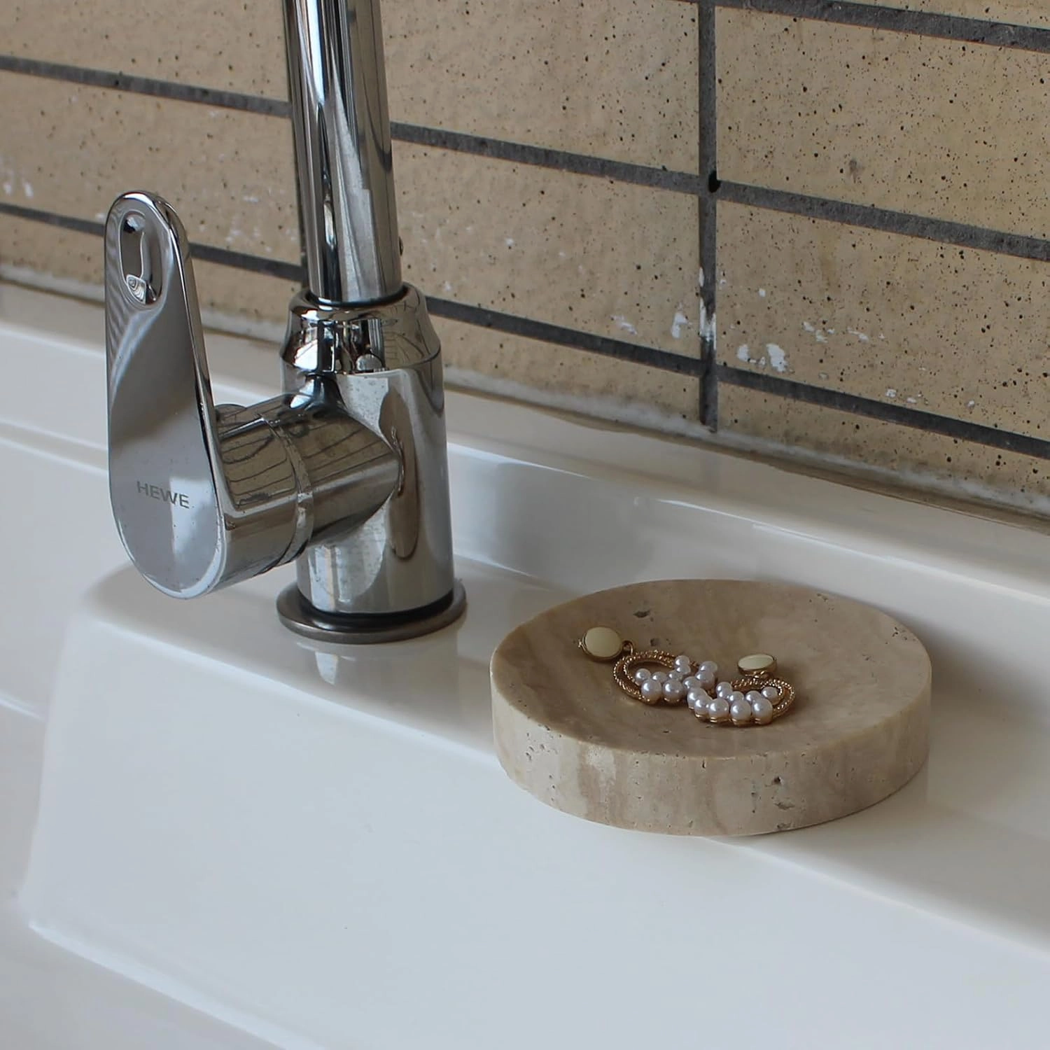 Natural Beige Travertine Soap Dish, Round Small Jewelry Dish, Sponge Holder for Bathroom, Kitchen