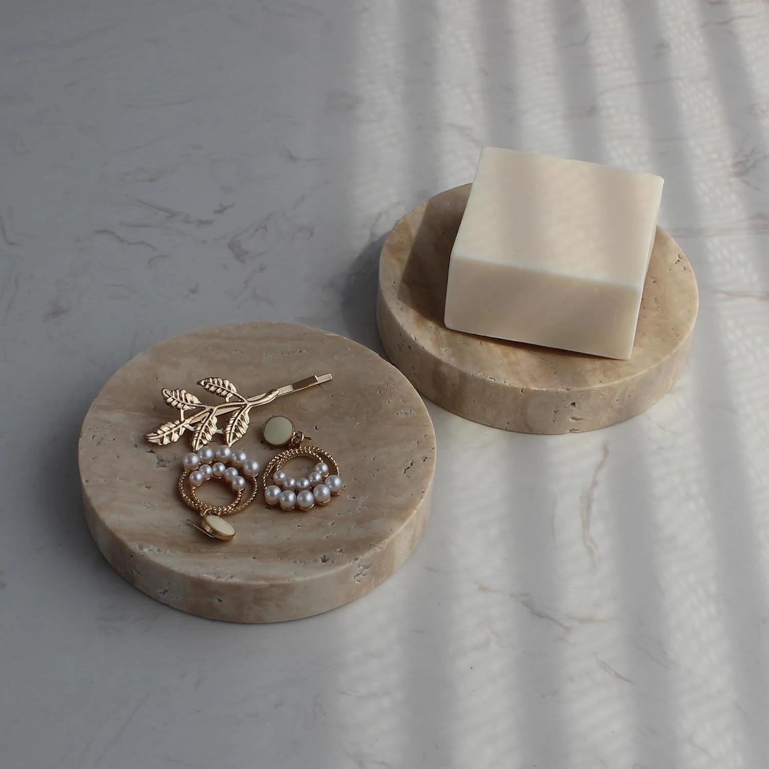 Natural Beige Travertine Soap Dish, Round Small Jewelry Dish, Sponge Holder for Bathroom, Kitchen