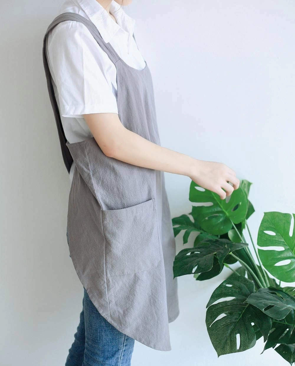 NEWGEM Japanese Linen Cross Back Kitchen Cooking Aprons for Women with Pockets Cute for Baking Painting Gardening Cleaning Gray