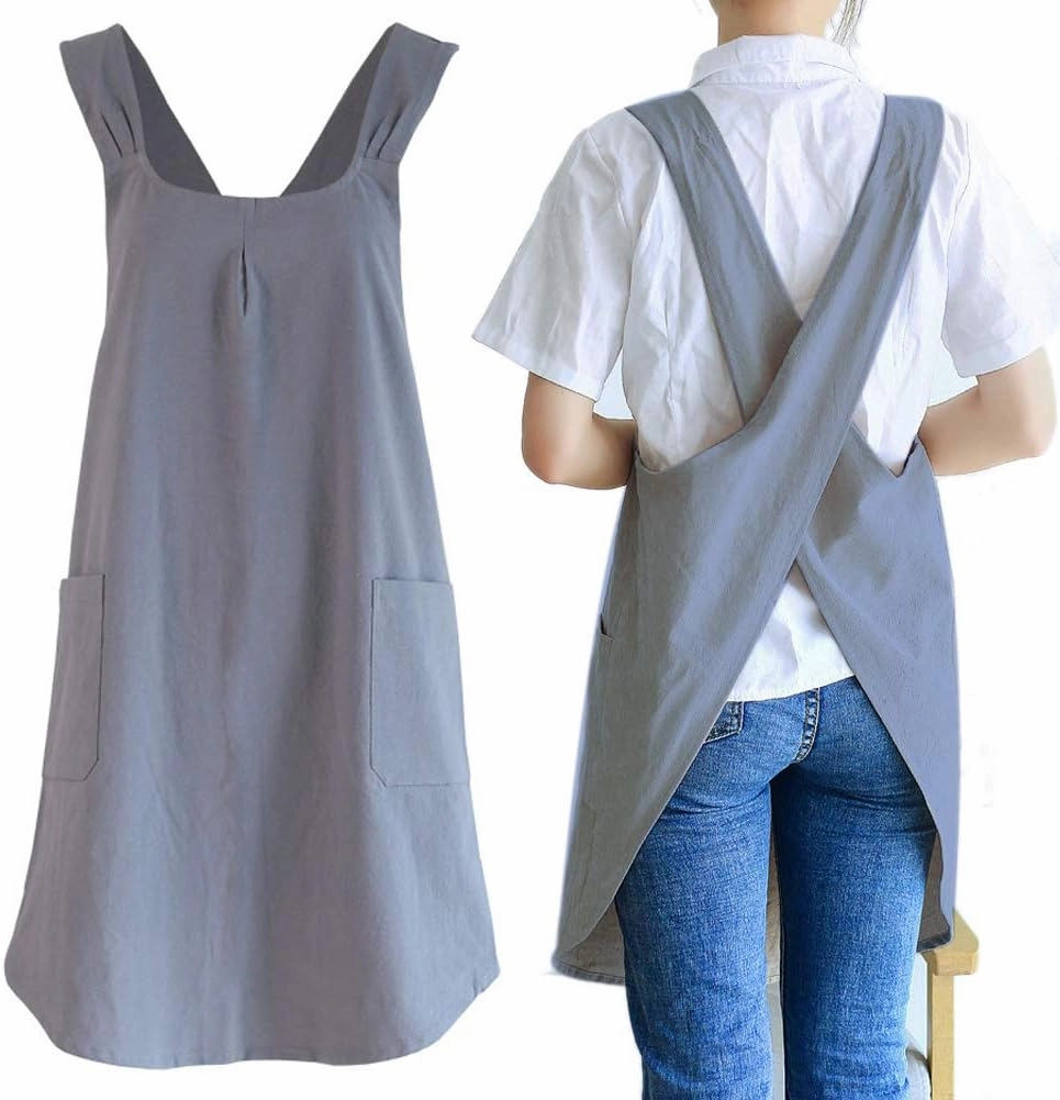 NEWGEM Japanese Linen Cross Back Kitchen Cooking Aprons for Women with Pockets Cute for Baking Painting Gardening Cleaning Gray