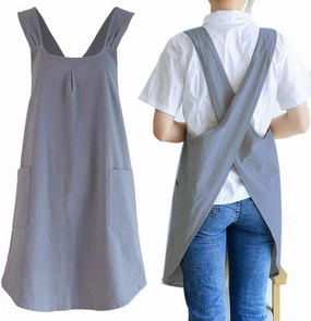 NEWGEM Japanese Linen Cross Back Kitchen Cooking Aprons for Women with Pockets Cute for Baking Painting Gardening Cleaning Gray