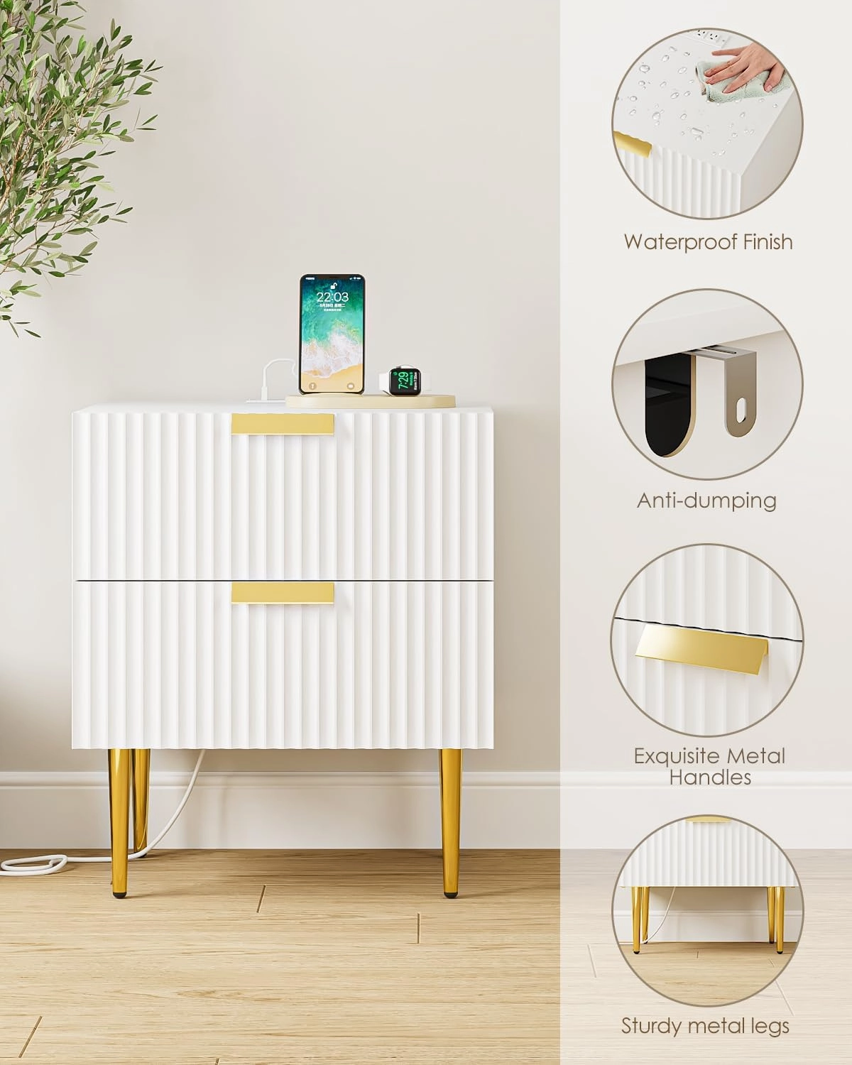 Nightstand with Charging Station, Bedside Table with Gold Frame,White Night Stand, End Table with 2Drawer, Mid Century Modern Bedside Table, Dresser for Bedroom,Living Room
