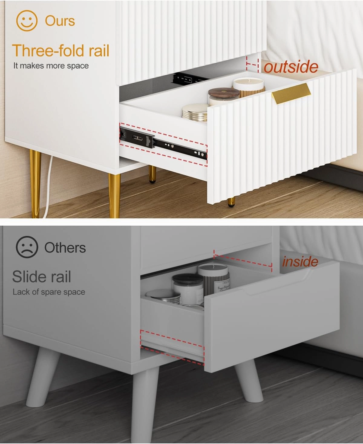 Nightstand with Charging Station, Bedside Table with Gold Frame,White Night Stand, End Table with 2Drawer, Mid Century Modern Bedside Table, Dresser for Bedroom,Living Room