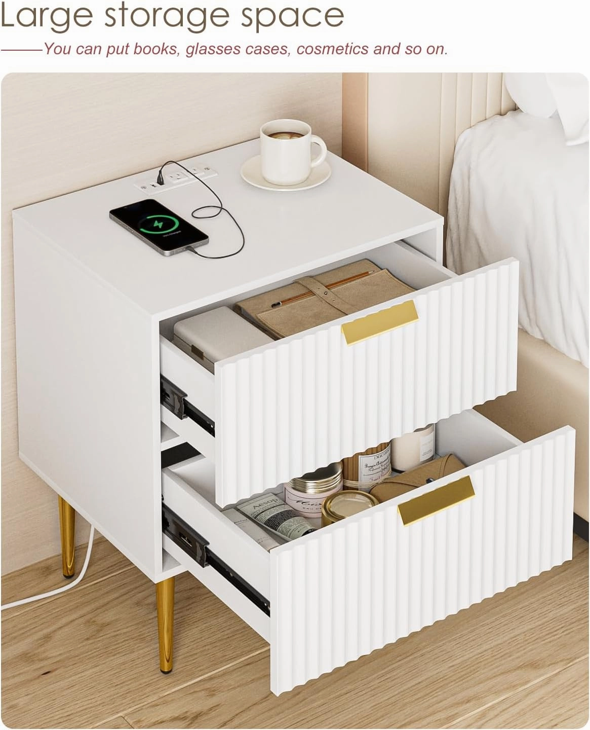 Nightstand with Charging Station, Bedside Table with Gold Frame,White Night Stand, End Table with 2Drawer, Mid Century Modern Bedside Table, Dresser for Bedroom,Living Room