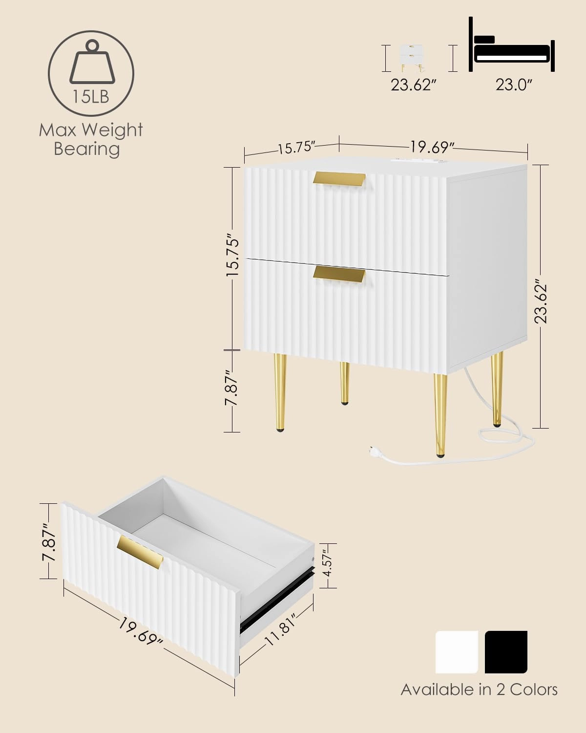 Nightstand with Charging Station, Bedside Table with Gold Frame,White Night Stand, End Table with 2Drawer, Mid Century Modern Bedside Table, Dresser for Bedroom,Living Room