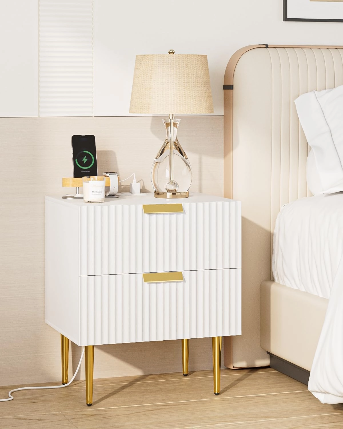 Nightstand with Charging Station, Bedside Table with Gold Frame,White Night Stand, End Table with 2Drawer, Mid Century Modern Bedside Table, Dresser for Bedroom,Living Room
