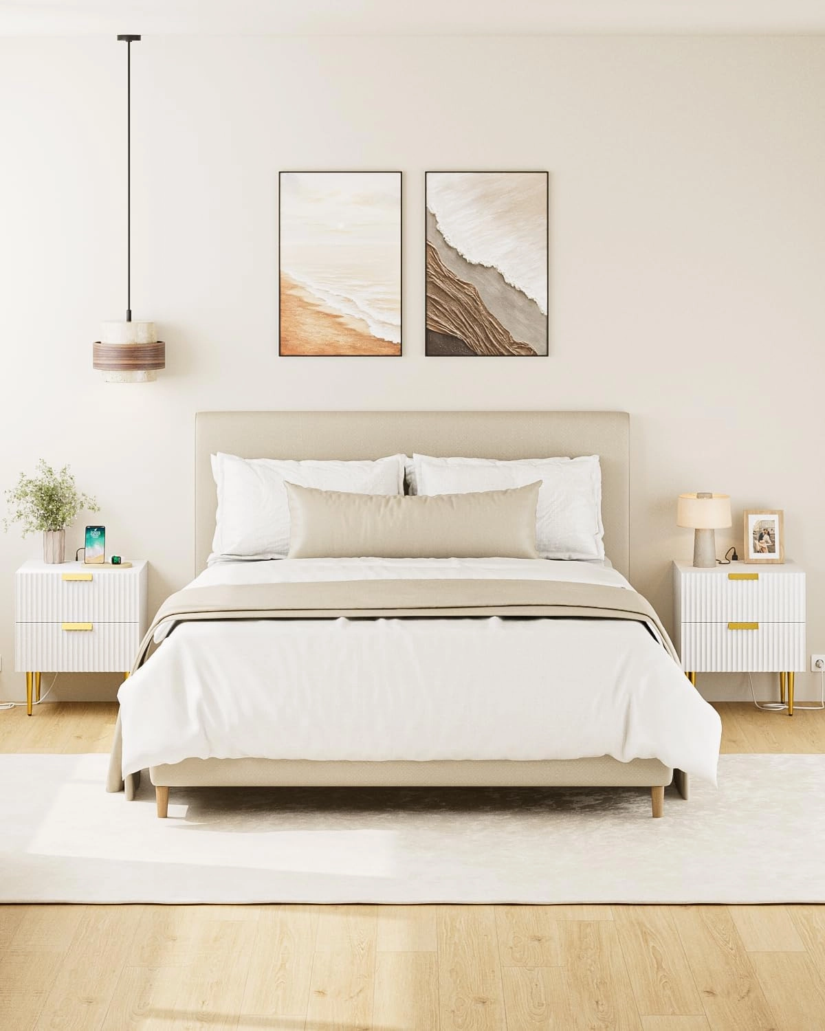 Nightstand with Charging Station, Bedside Table with Gold Frame,White Night Stand, End Table with 2Drawer, Mid Century Modern Bedside Table, Dresser for Bedroom,Living Room