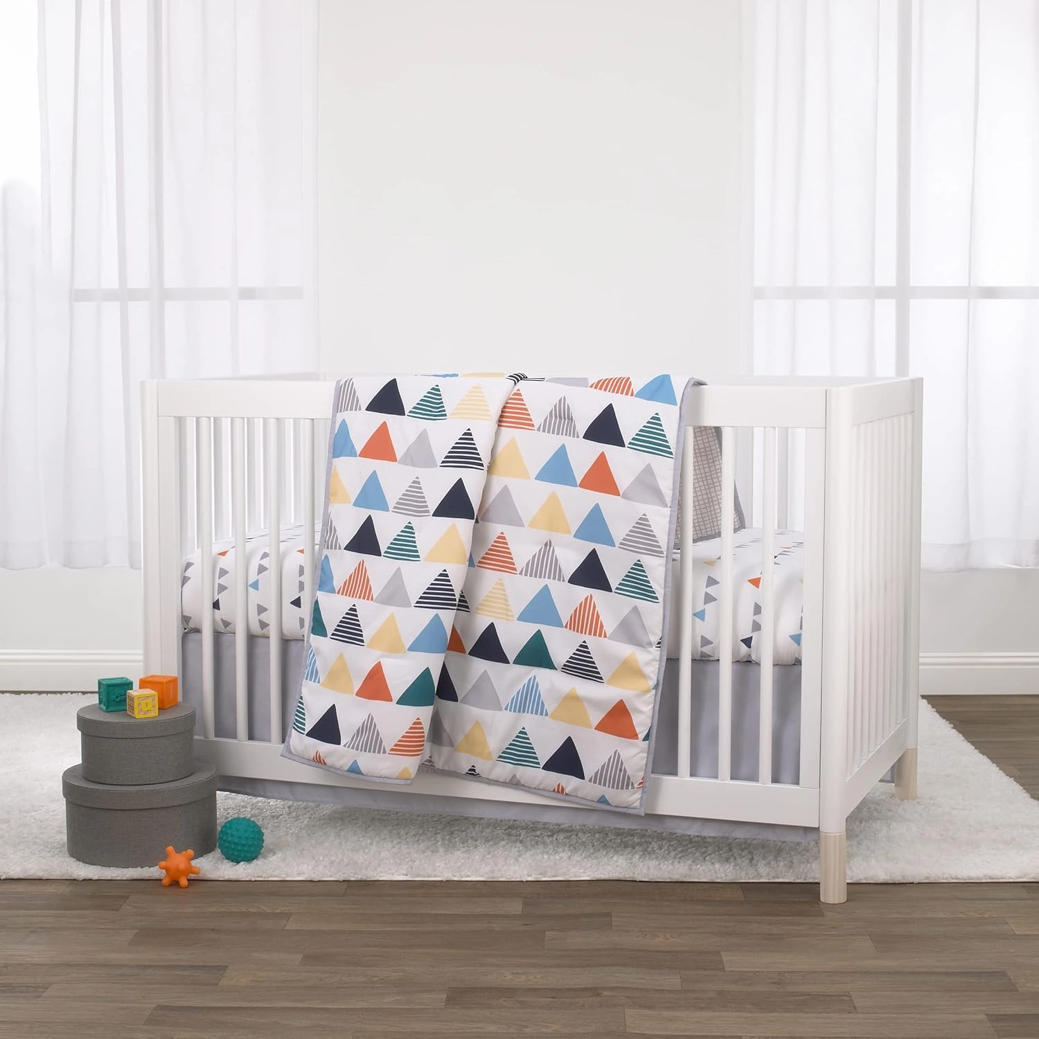 NoJo Little Love Navy, Orange, Grey and Yellow Triangles 3 Piece Crib Bedding Set - Comforter, Fitted Crib Sheet and Dust Ruffle