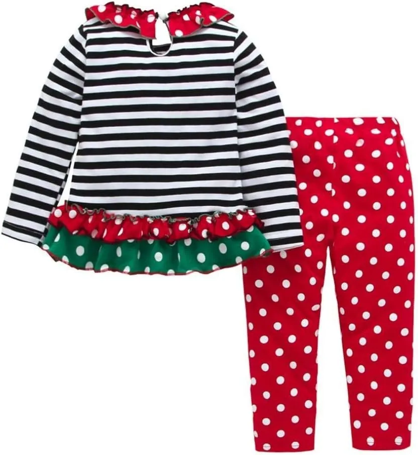 Noubeau Christmas Outfit Toddler Infant Baby Girls Ruffle Top Clothes Set Deer Print Shirt Dress Pants Set