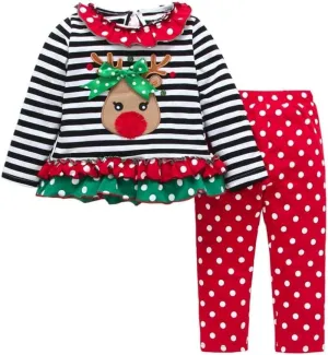 Noubeau Christmas Outfit Toddler Infant Baby Girls Ruffle Top Clothes Set Deer Print Shirt Dress Pants Set