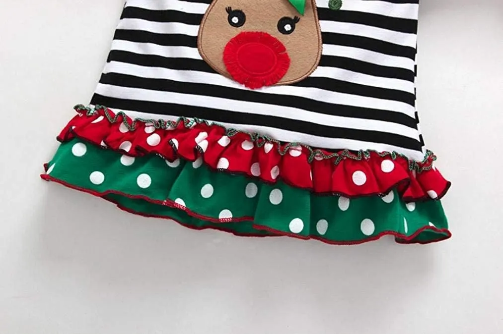 Noubeau Christmas Outfit Toddler Infant Baby Girls Ruffle Top Clothes Set Deer Print Shirt Dress Pants Set