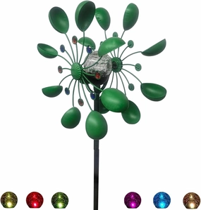 NUENUN Wind Spinner Outdoor Metal - Multi-Color Seasonal LED Lighting Solar Powered Glass Ball with Kinetic Wind Spinner Dual Direction for Patio Lawn & Garden (Green with Light)