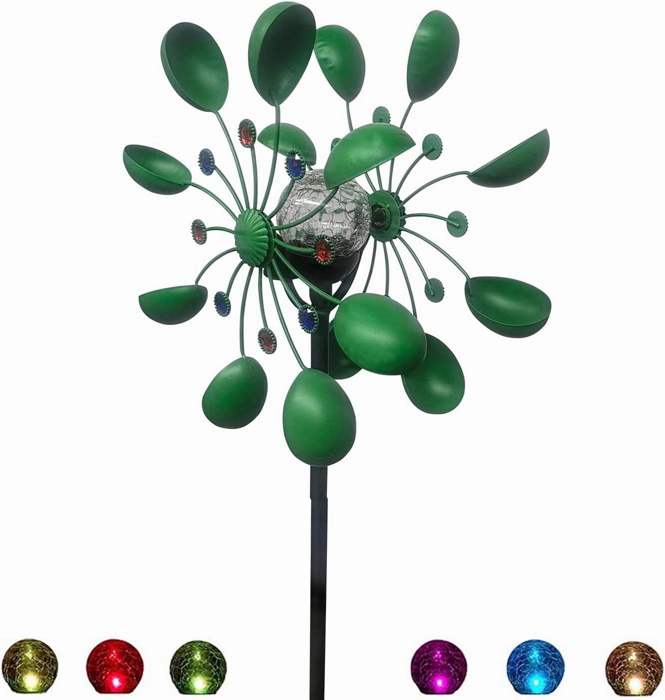 NUENUN Wind Spinner Outdoor Metal - Multi-Color Seasonal LED Lighting Solar Powered Glass Ball with Kinetic Wind Spinner Dual Direction for Patio Lawn & Garden (Green with Light)