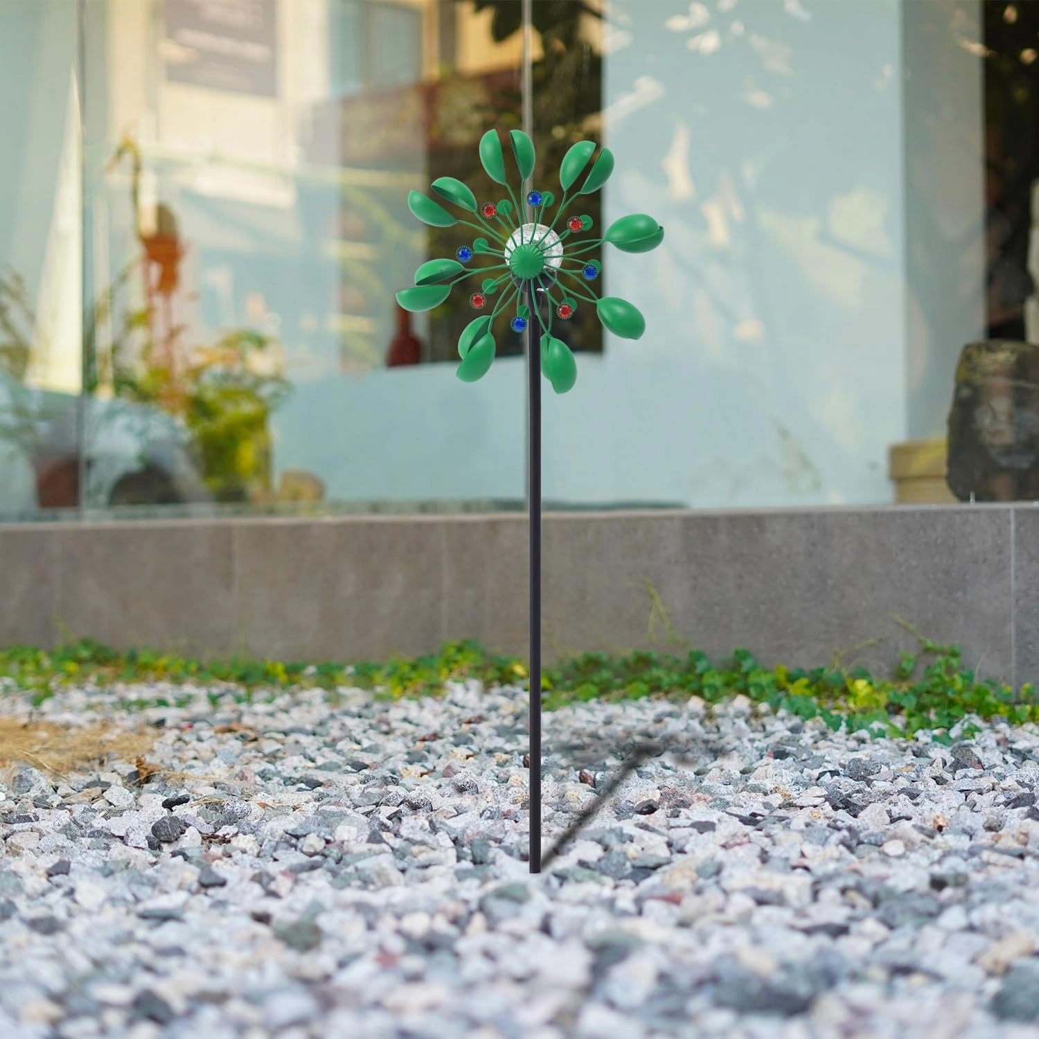 NUENUN Wind Spinner Outdoor Metal - Multi-Color Seasonal LED Lighting Solar Powered Glass Ball with Kinetic Wind Spinner Dual Direction for Patio Lawn & Garden (Green with Light)
