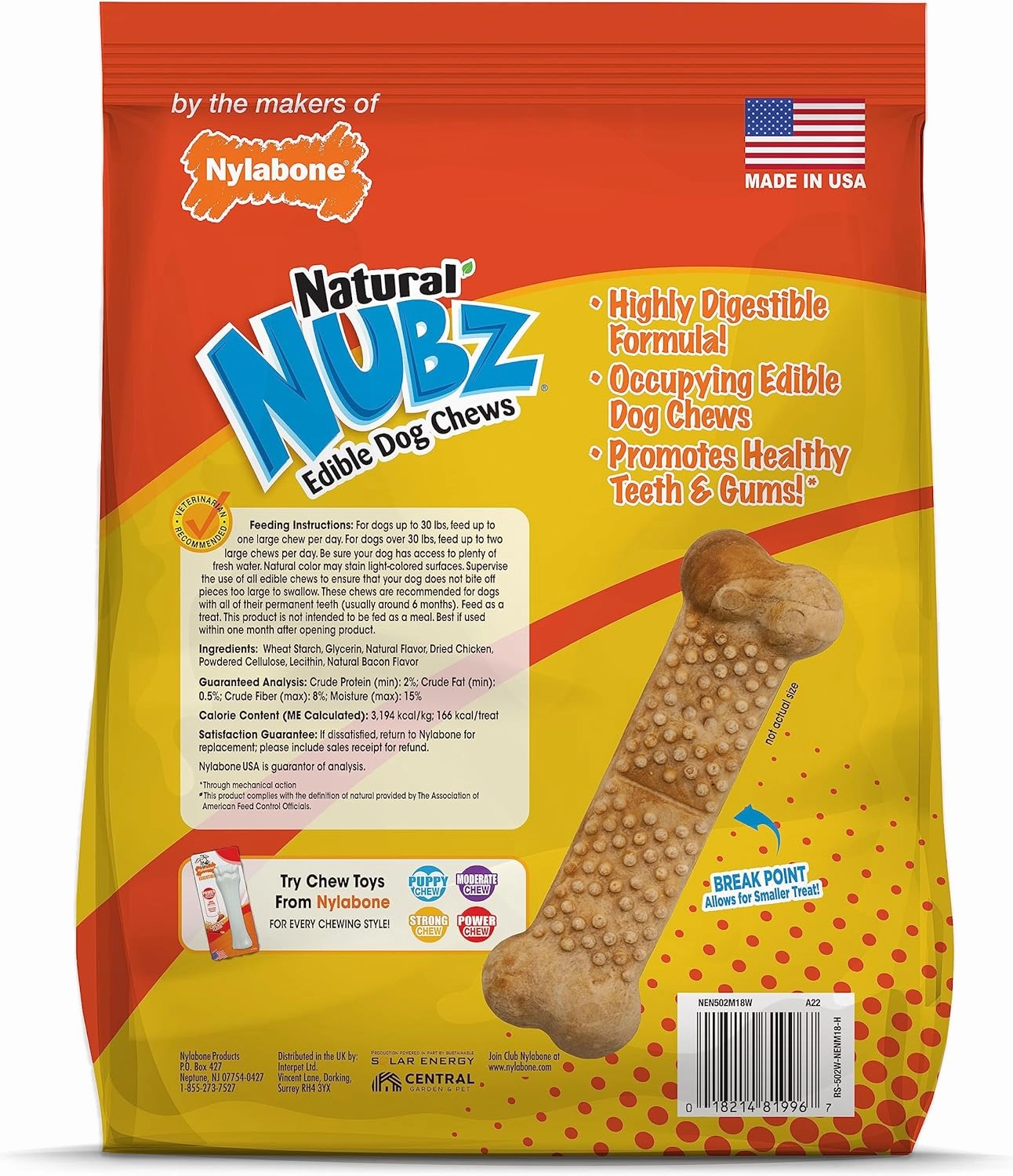 Nylabone Nubz Natural Edible Dog Chew Treats for Large Dogs, Long Lasting Dog Bones Made in USA, Chicken Flavor Dental Chews, For Dogs Up to 50 lbs. (18 Count)