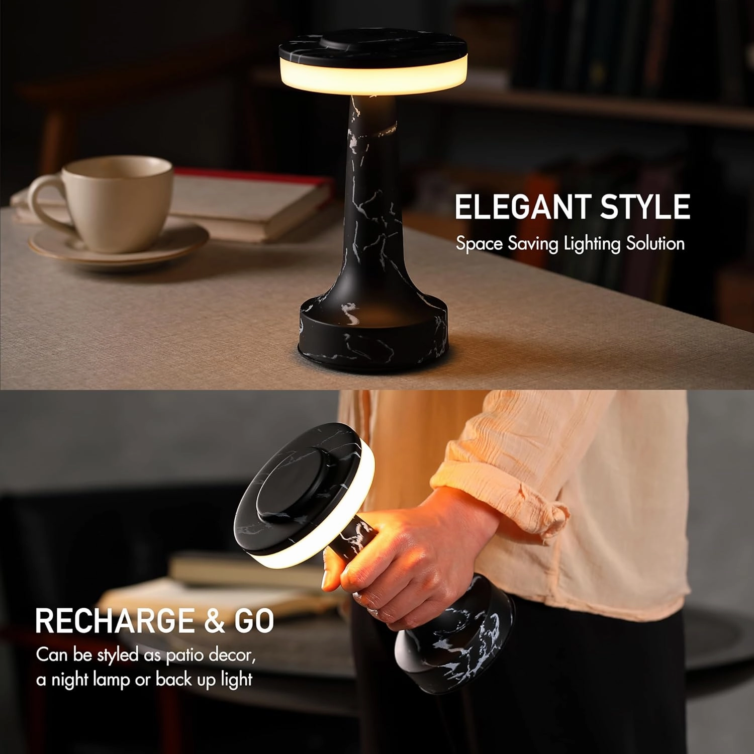 O’Bright Portable LED Table Lamp with Touch Sensor, RGB Light, Dimmable, Rechargeable Battery, Night Light for Kids Nursery, Nightstand Lamp, Bedside Lamp, Black Marble