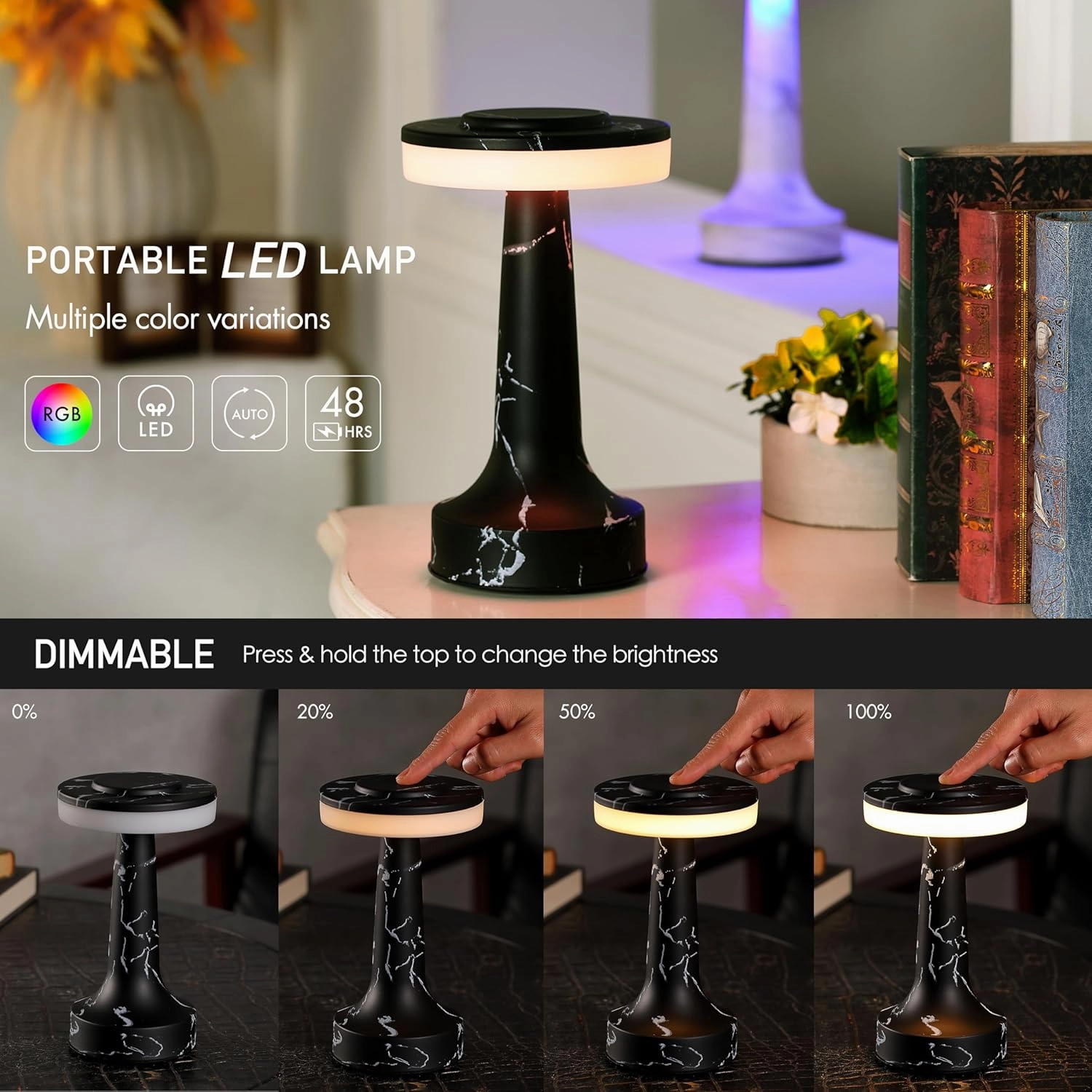 O’Bright Portable LED Table Lamp with Touch Sensor, RGB Light, Dimmable, Rechargeable Battery, Night Light for Kids Nursery, Nightstand Lamp, Bedside Lamp, Black Marble