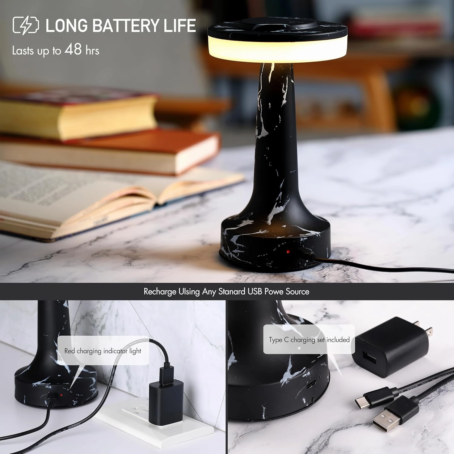 O’Bright Portable LED Table Lamp with Touch Sensor, RGB Light, Dimmable, Rechargeable Battery, Night Light for Kids Nursery, Nightstand Lamp, Bedside Lamp, Black Marble