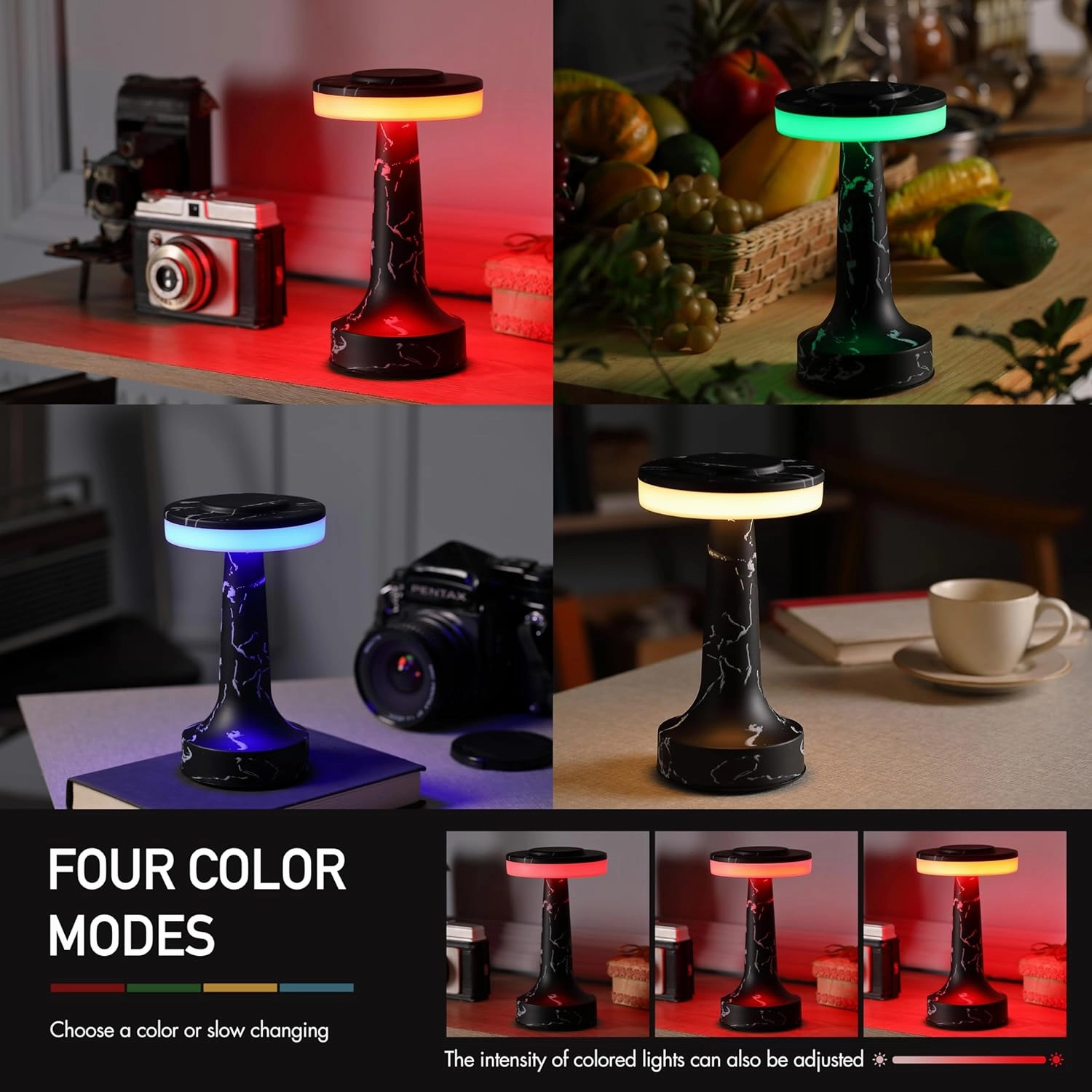O’Bright Portable LED Table Lamp with Touch Sensor, RGB Light, Dimmable, Rechargeable Battery, Night Light for Kids Nursery, Nightstand Lamp, Bedside Lamp, Black Marble