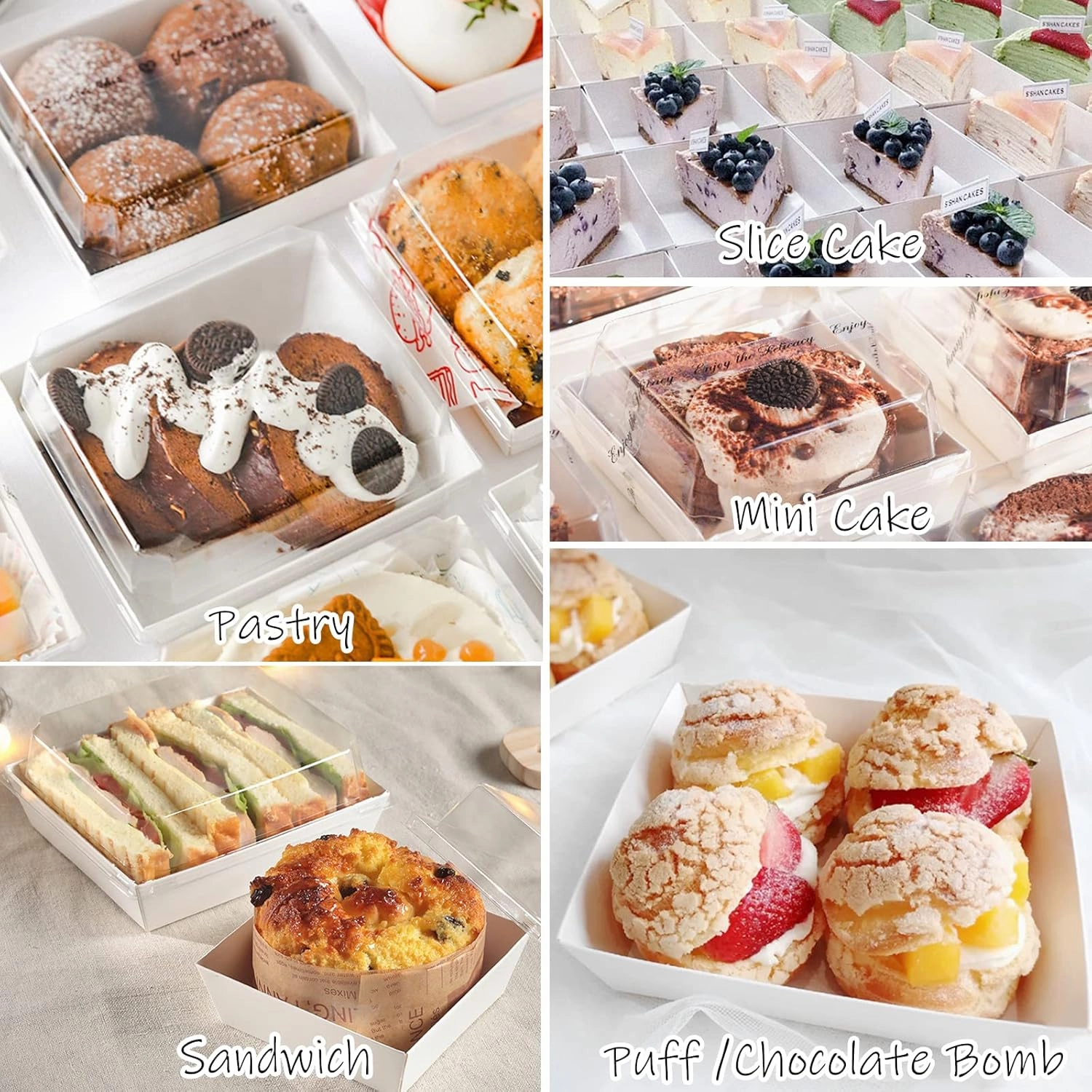 Ocmoiy Small Charcuterie Boxes with Clear Lids, To Go Paper Disposable Food Containers, 5 Inches Bakery Dessert Boxes for Sandwich, Cookie, Pastry, Cake Slice (White, 50ct)