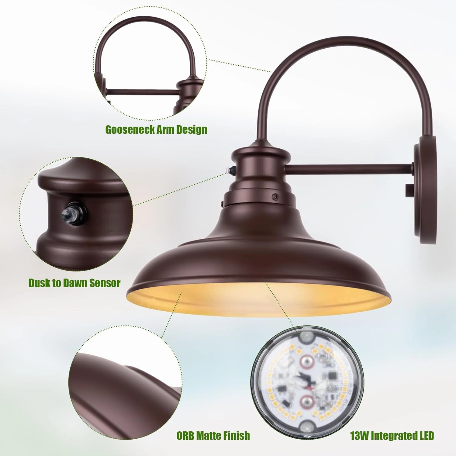 Oil Rubbed Bronze Dusk to Dawn LED Outdoor Barn Lights - Farmhouse Gooseneck Exterior Wall Lighting Fixture, 12" Porch Lights, Outside Wall Lights for House Garage Patio Doorway (13W 2700K), 2 Pack