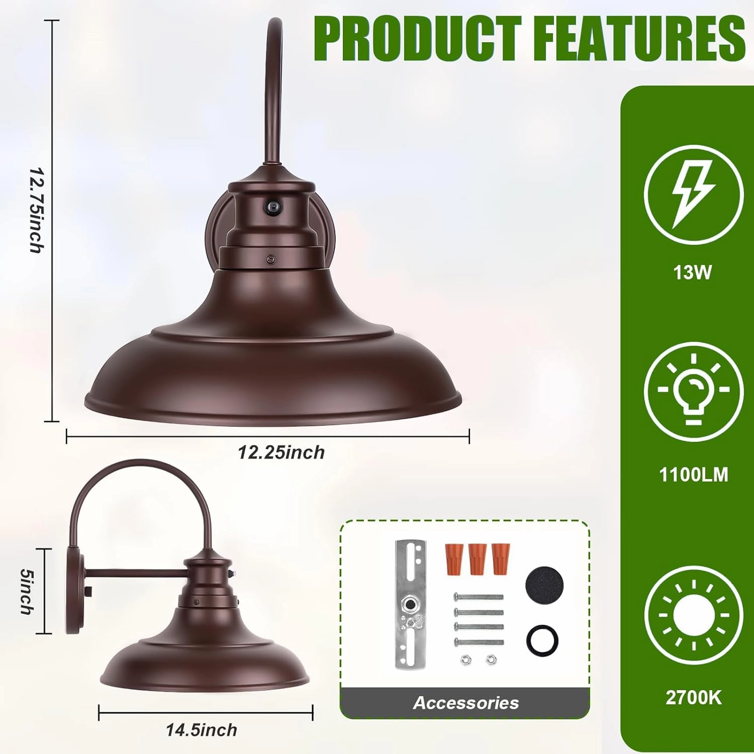 Oil Rubbed Bronze Dusk to Dawn LED Outdoor Barn Lights - Farmhouse Gooseneck Exterior Wall Lighting Fixture, 12" Porch Lights, Outside Wall Lights for House Garage Patio Doorway (13W 2700K), 2 Pack