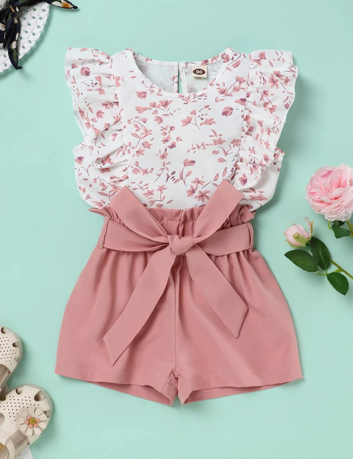 oklady Toddler Girl Clothes Ruffle Floral Embroidery Shirt and Shorts Set
