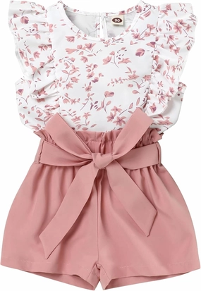 oklady Toddler Girl Clothes Ruffle Floral Embroidery Shirt and Shorts Set