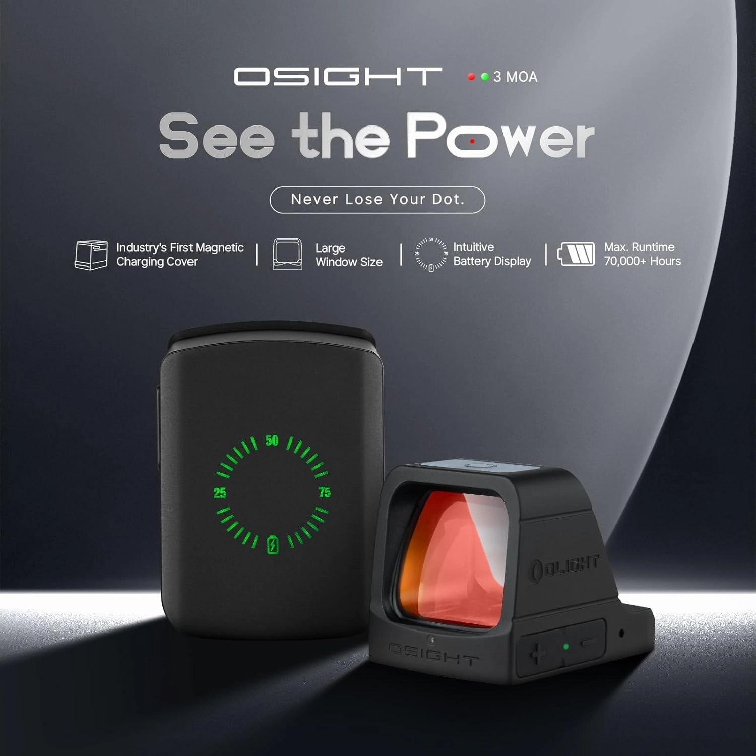 OLIGHT Osight 3 MOA Rechargeable Dot Open Reflex Sight with Charging Cover, Tactical Parallax-Free Sights, Picatinny Mount Compatible - Green/Red Dot Options