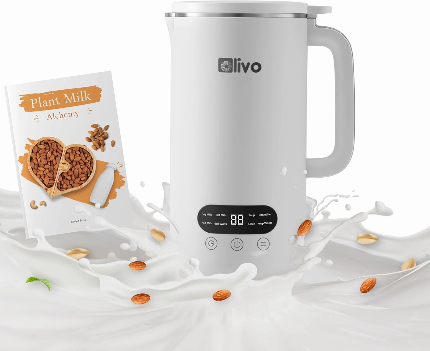 OLIVO CB1000 Automatic Nut Milk Maker - Almond, Cashew, Soy & Oat Milk Maker - Smoothie Blender - Soup Maker, 35 Oz, 9 Functions, 304 Stainless Steel, Safety Sensor, Spill-Proof, Easy Use (White)