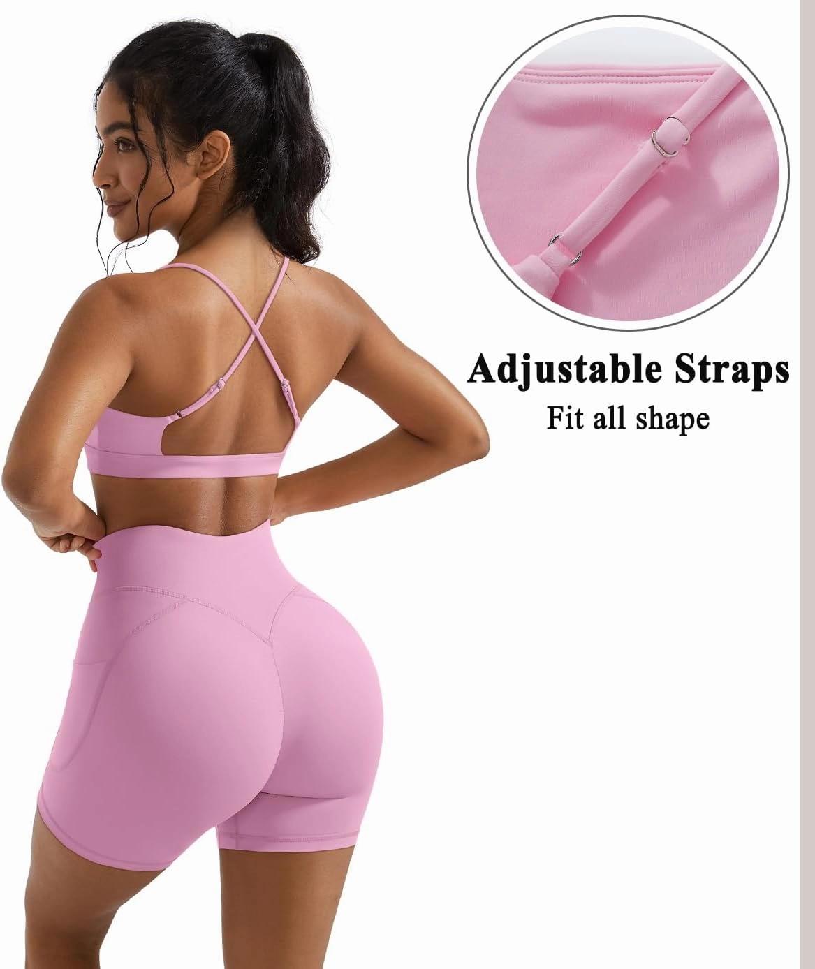 OMKAGI 2 Piece Workout Sets for Women Open Back Padded Sports Bras Booty Shorts with Pockets Gym Outfits