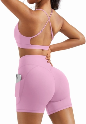OMKAGI 2 Piece Workout Sets for Women Open Back Padded Sports Bras Booty Shorts with Pockets Gym Outfits